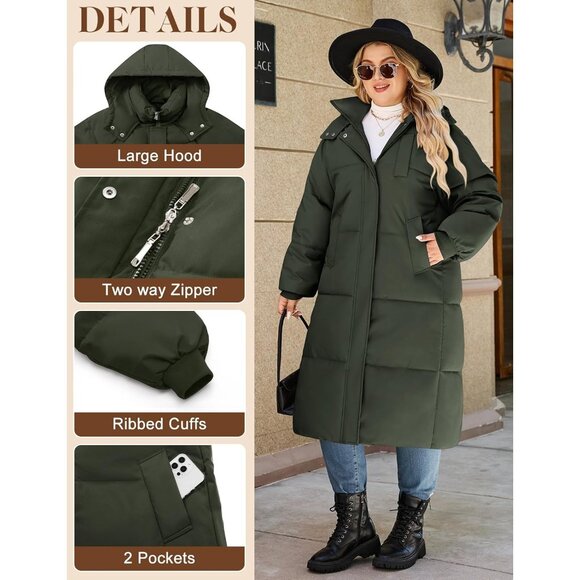 Women Plus Size Long Winter Coat Knee Length Warm Hood Zip Up Jacket for Cold We - Picture 2 of 6